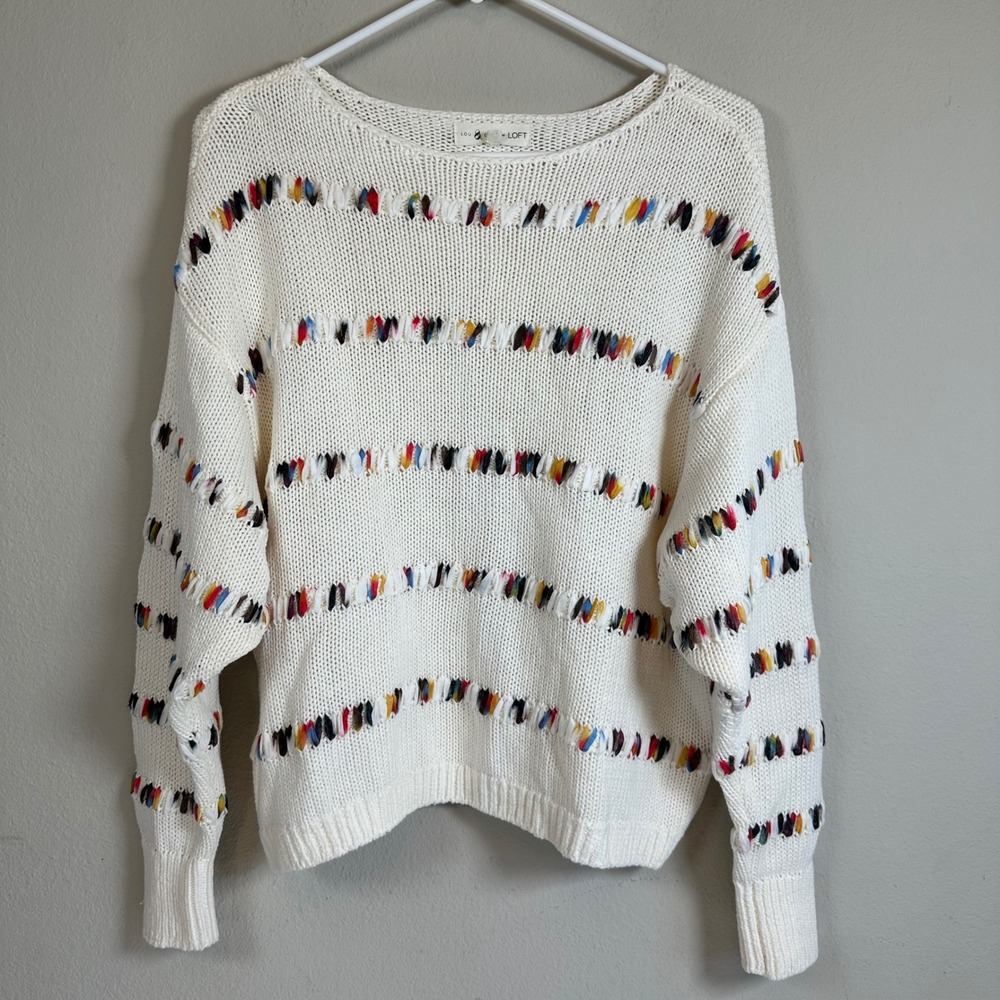 Lou & Grey LOFT Rainbow Stitch Cream Knit Sweater Medium Casual Preppy